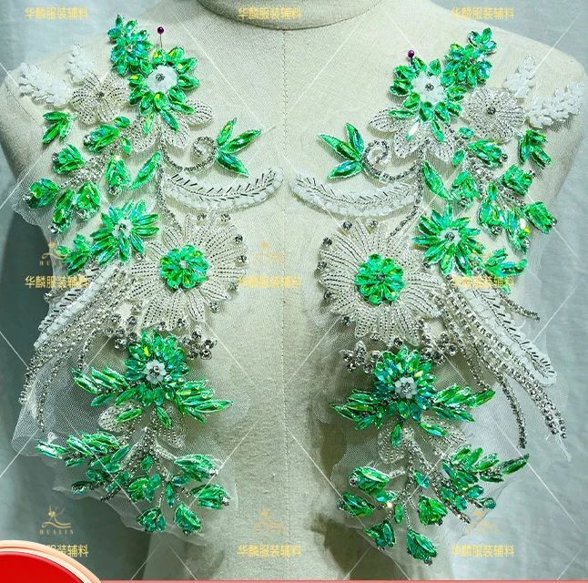 

1pair DIY Sewing Embellishment Kit Multi-color Beaded Sequins Patches & Lace for Wedding Gown Performance Costume Decoration