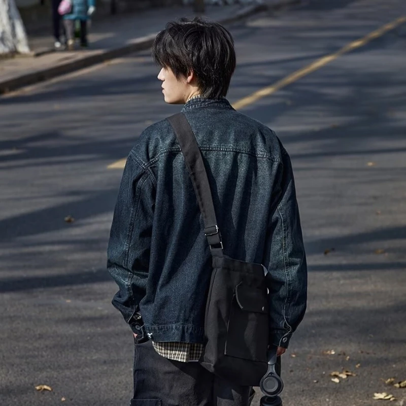 Chaqueta vaquera de calle alta para hombre, abrigos de vaquero lavados con cuello levantado, ropa de calle japonesa de Hip-hop, prendas de vestir de motocicleta, tendencia 2024