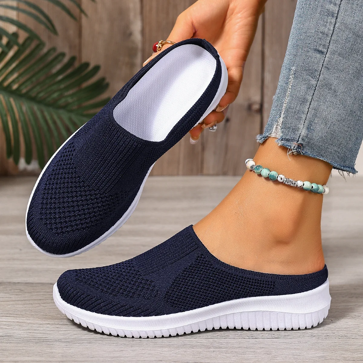 Polyester Rückenfreie Slip-On Mules für Damen, Atmungsaktiv, Rutschfest, Weiche EVA-Einlegesohle, Niedriger Absatz, Tägliche Geh- und Freizeitschuhe – Detail 7