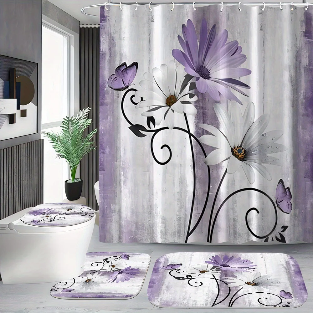 

Набор из 4 предметов с цветочным декором для ванной комнаты, полиэфирная ткань, занавеска для душа, нескользящий напольный коврик, коврик для унитаза, U-образный коврик