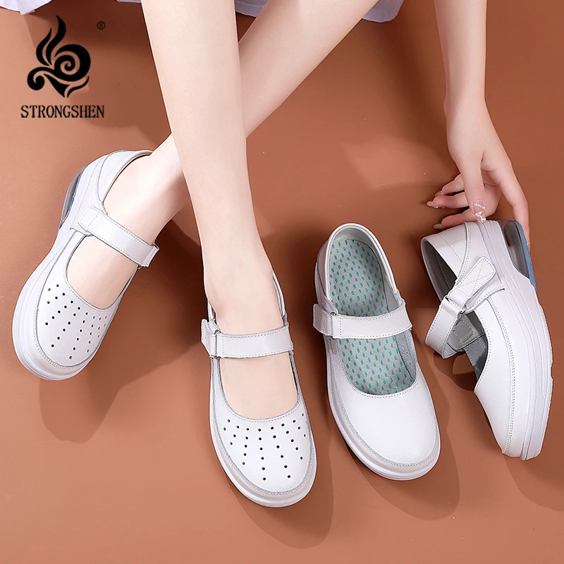 STRONGSHEN Women's Wedge White Shoes Comfortable Light Slip-on Nurse Shoes Fashion Shallow Hospital Work Flats Zapatos De Mujer