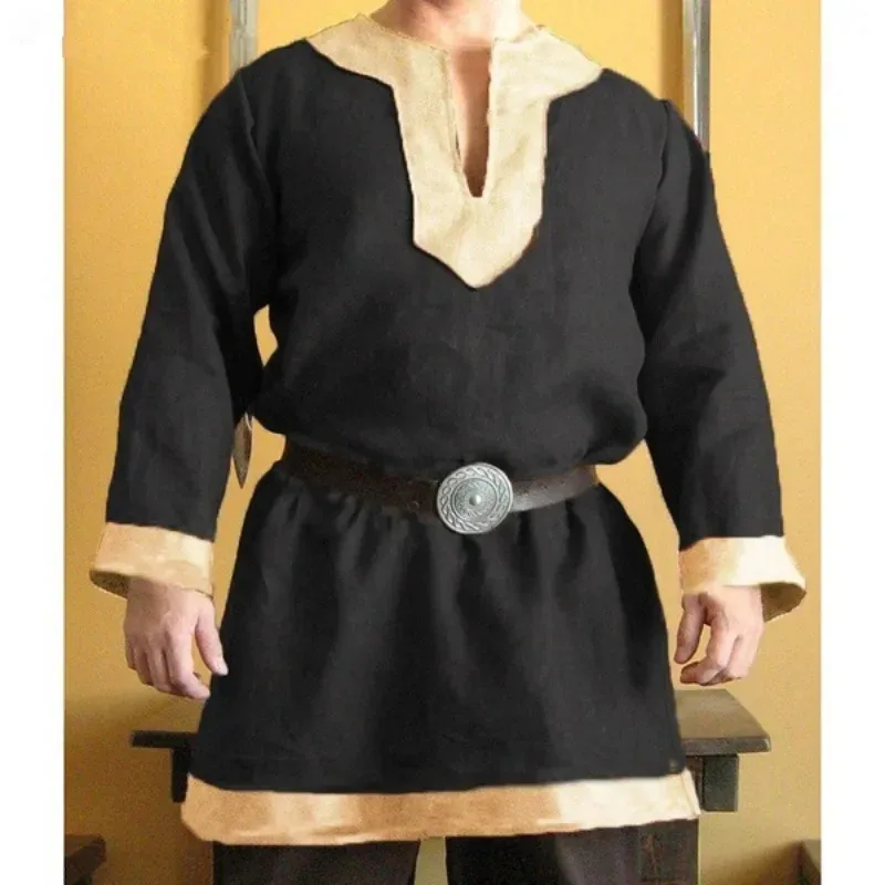 Camicia da uomo di Halloween Vichinghi medievali Costume cosplay da pirata Manica lunga Abito ampio Tunica celtica Guerriero Cavaliere Top Camicetta sassone