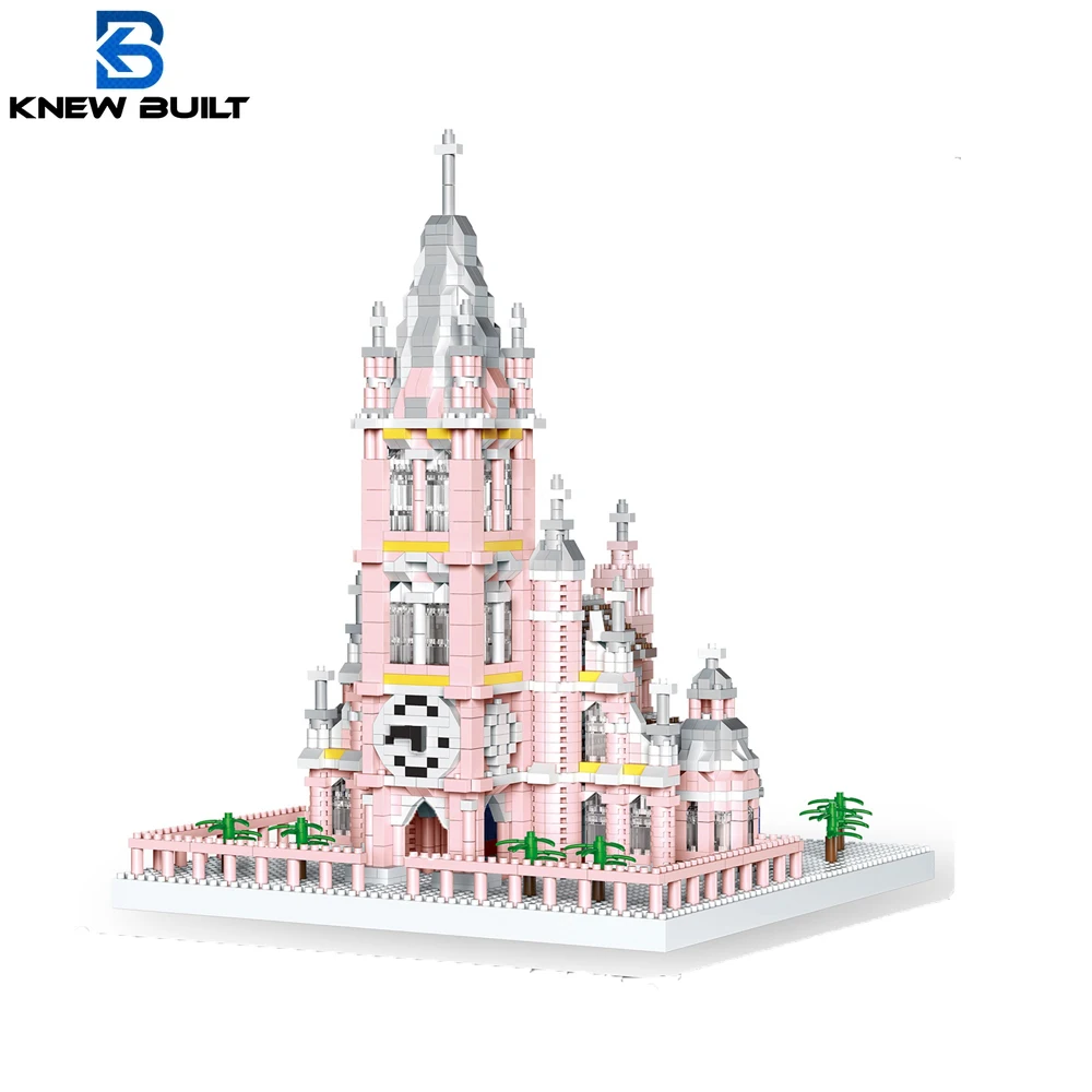 Knew Built Creative Pink Church Building Blocks Model Decoration Entertainment Toys for Gift Sacred Heart Church Bricks