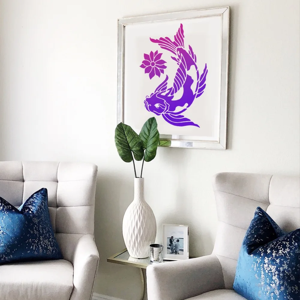 1pcs Lotus and Koi Painting Stencil Reusable PET  Templates DIY Art Craft Wall Cut Stencils for Painting