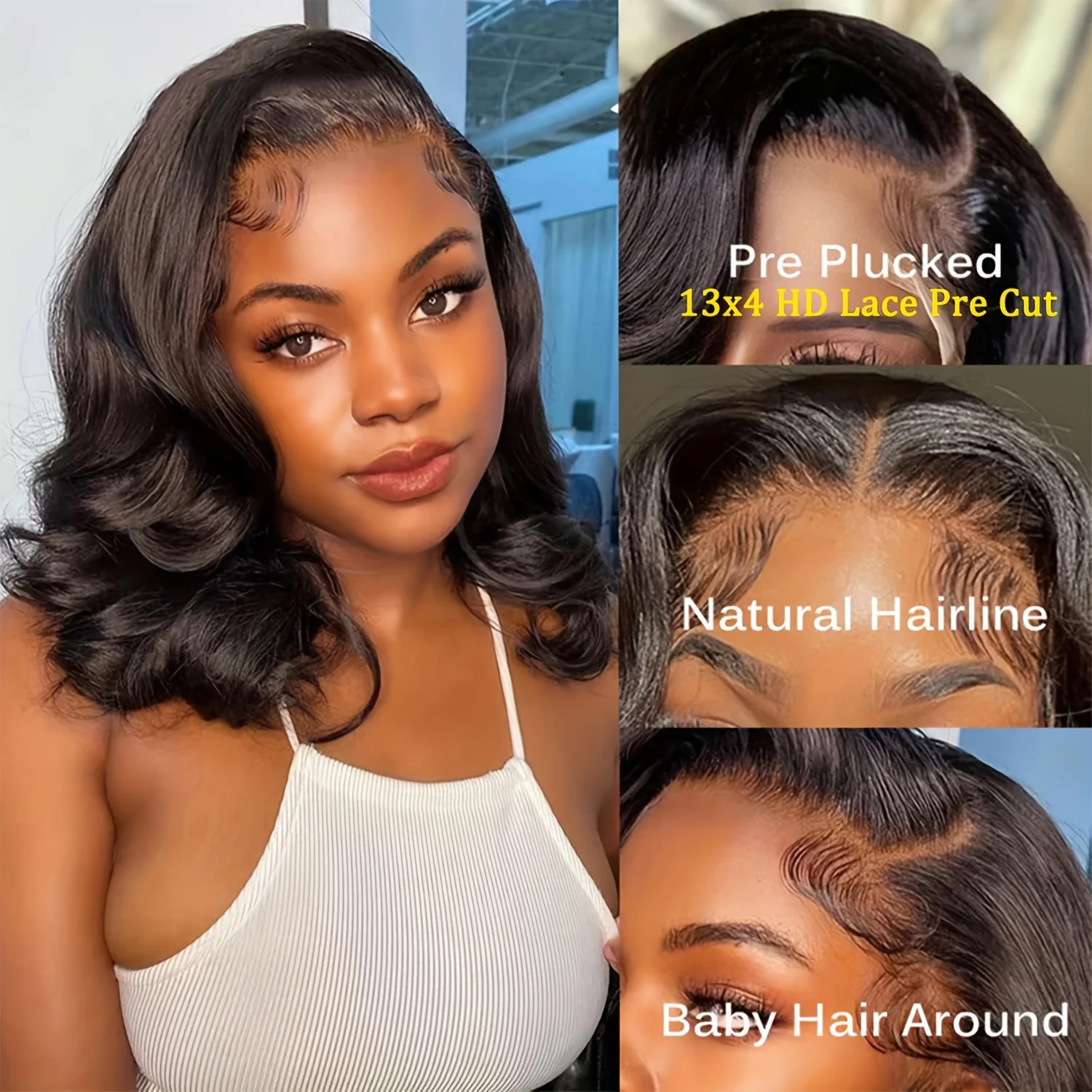 13x4 Glueless Bob Wig Human Hair Pre Cut Pre Plucked 200% Density Body Wave 13x4 Wear To Go Lace Closure Glueless Wigs