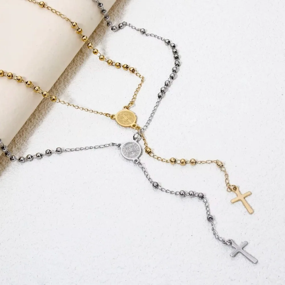 Stainless Steel Cross Necklace Clavicle Length Light Luxury Rosary Necklace Tassel Chain Cross Pendant Necklace Prayer Jewelry
