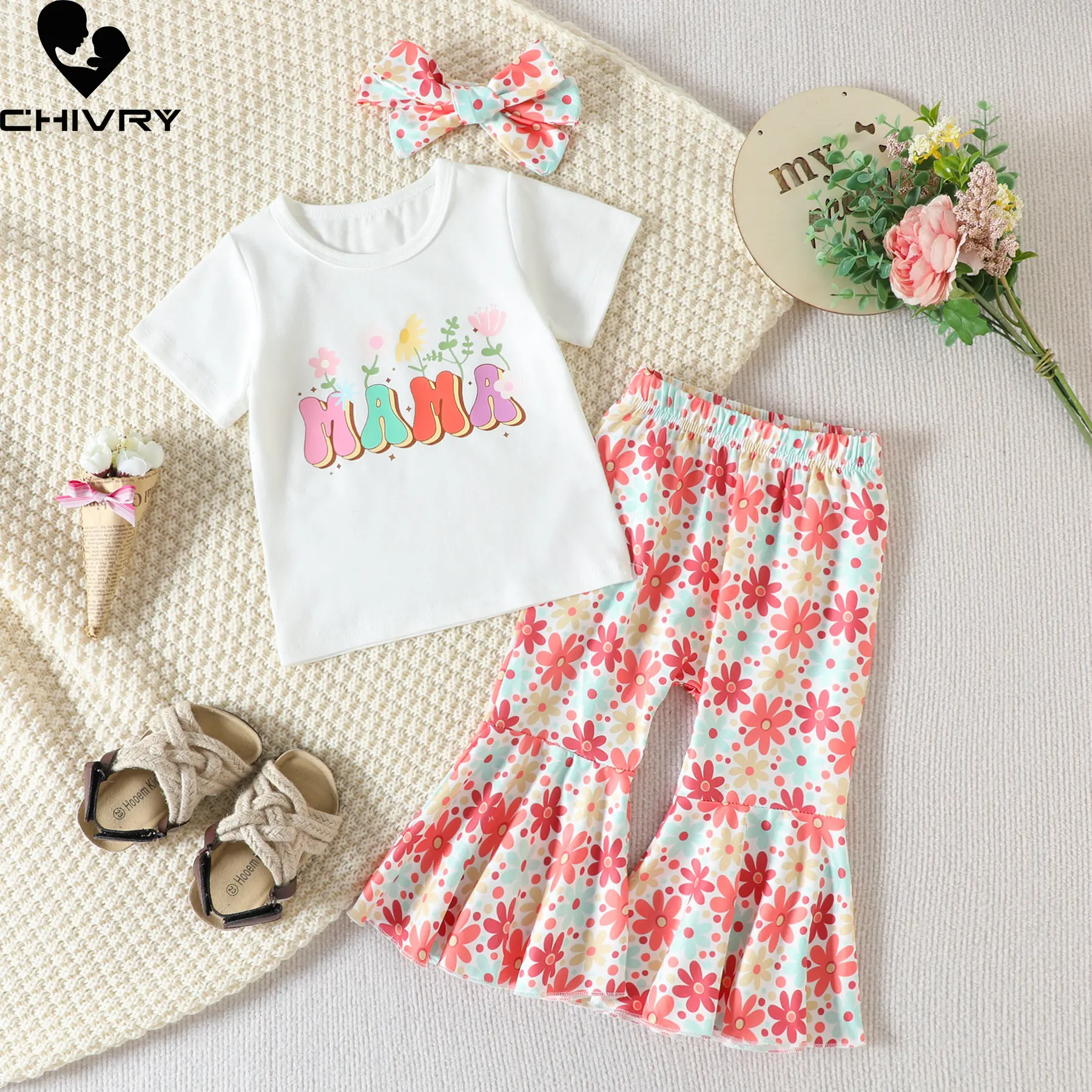 New 2023 Summer Baby Girls Letter Short Sleeve O-neck T-shirt Tops Floral Striped Flared Trousers with Headwear Three-piece Sets