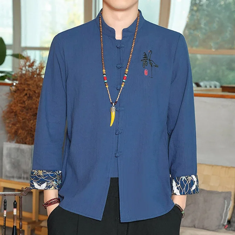 Men Shirts Traditional Kung Fu Tai Chi Cotton Linen Tang Suit Uniform Shirt and Blouses Chinese Style Embroidered Shirts