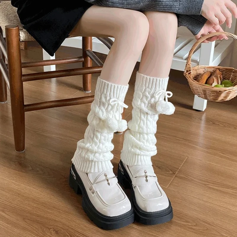 

Женские пушистые носки с помпонами, гетры, вязаные белые, черные утолщенные теплые зимние ботинки с манжетами, уютные, мягкие шерстяные