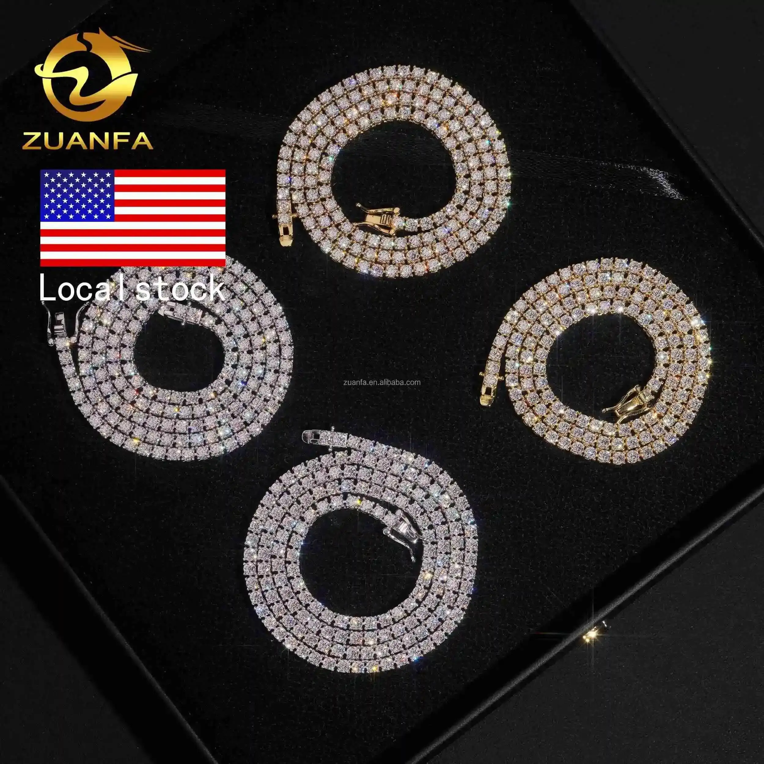 Ship in USA Warehouse Stock 3mm 925 Solid Silver Hip Hop Iced Out VVS1 Moissanite Diamond Cluster Tennis Chain&Bracelet
