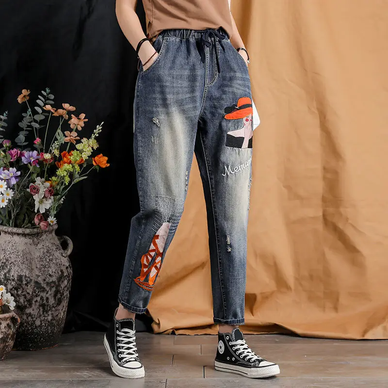 

Женские джинсовые джинсы с высокой талией и вышивкой, этнические шаровары, Новое поступление лета, свободный крой, девять очков для женщин