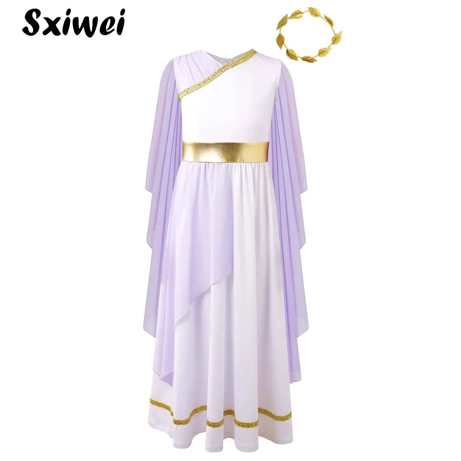 

Kids Girls Greek Princess Dress Ancient Greece Athena God Toga Gown Halloween Party Fancy Outfit with Tulle Shawls Headwear