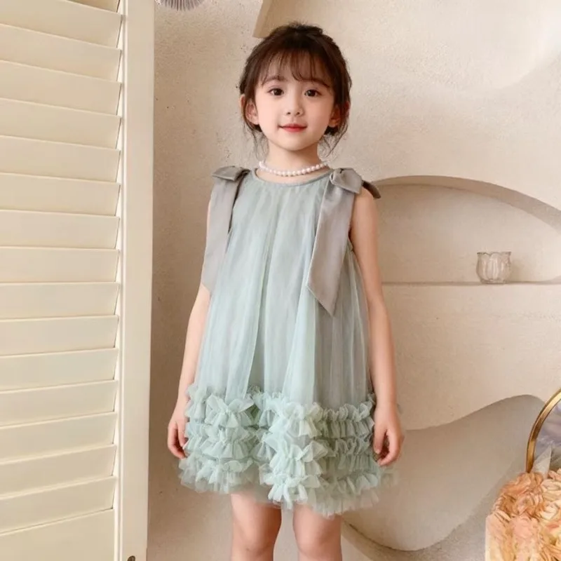 Bear Leader 2026 Korean Version Bow Sleeveless Mesh Wedding Party Birthday Dress Baby Girl Easter Summer Princess Dresses
