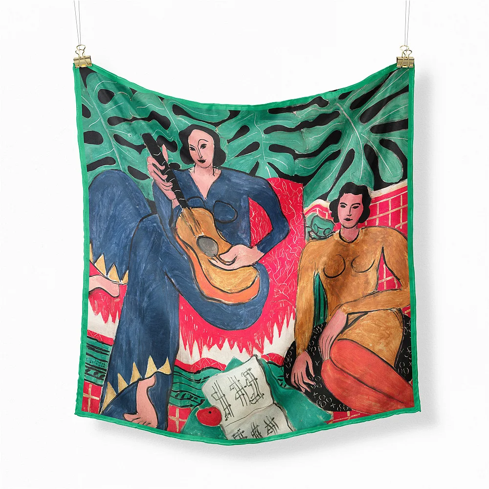 53CM Twill Silk Scarf Woman Music Party Painting Square Scarves Wraps Bandana Small Hijab Silk Foulards Tie Headband Neckerchief