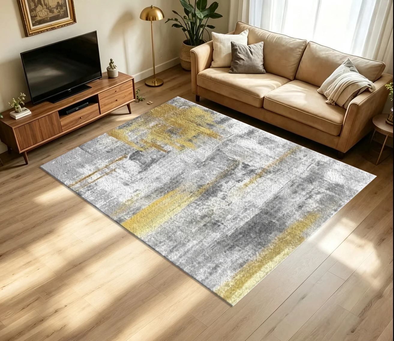 Grey White Gold Brush Stroke Abstract Carpet Flooring Luxury Large Area Rug for Living Room Household Interior Decor