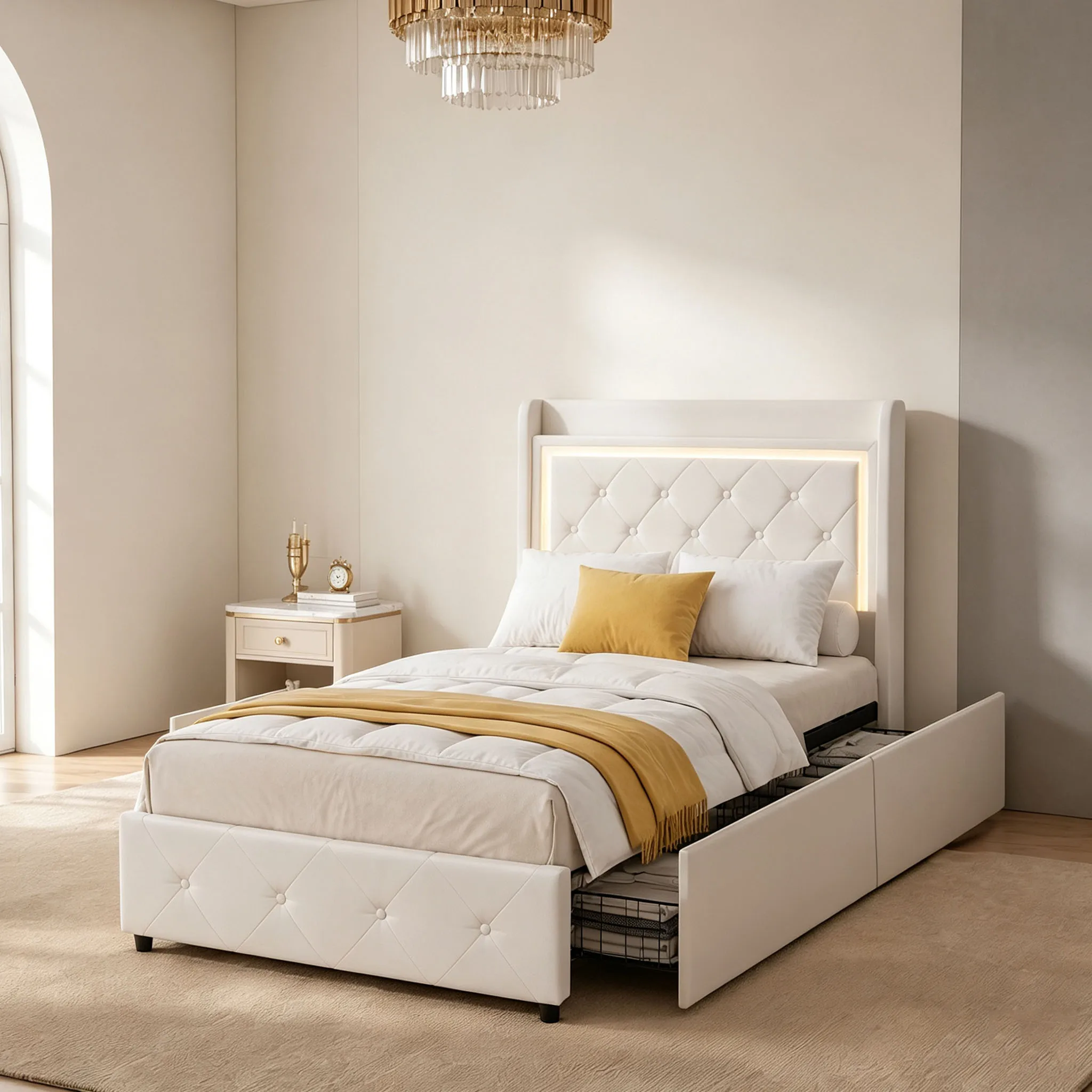 Superaly, 90x200cm, gepolsterter Einzelbettrahmen, Beige Bettgestell mit ausziehbaren Schubladen, gepolstertes Kopfteil, Bett für Gästezimmer, Wohnmöbel.