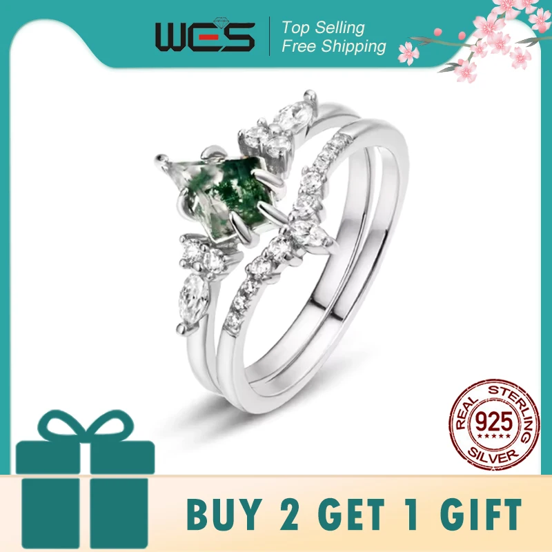 

WES стерлингового серебра 925 пробы, огранка воздушного змея, натуральный моховый агат, золотые кольца, наборы для женщин, свадебный комплект, подарок на день Святого Валентина, ювелирные изделия оптом