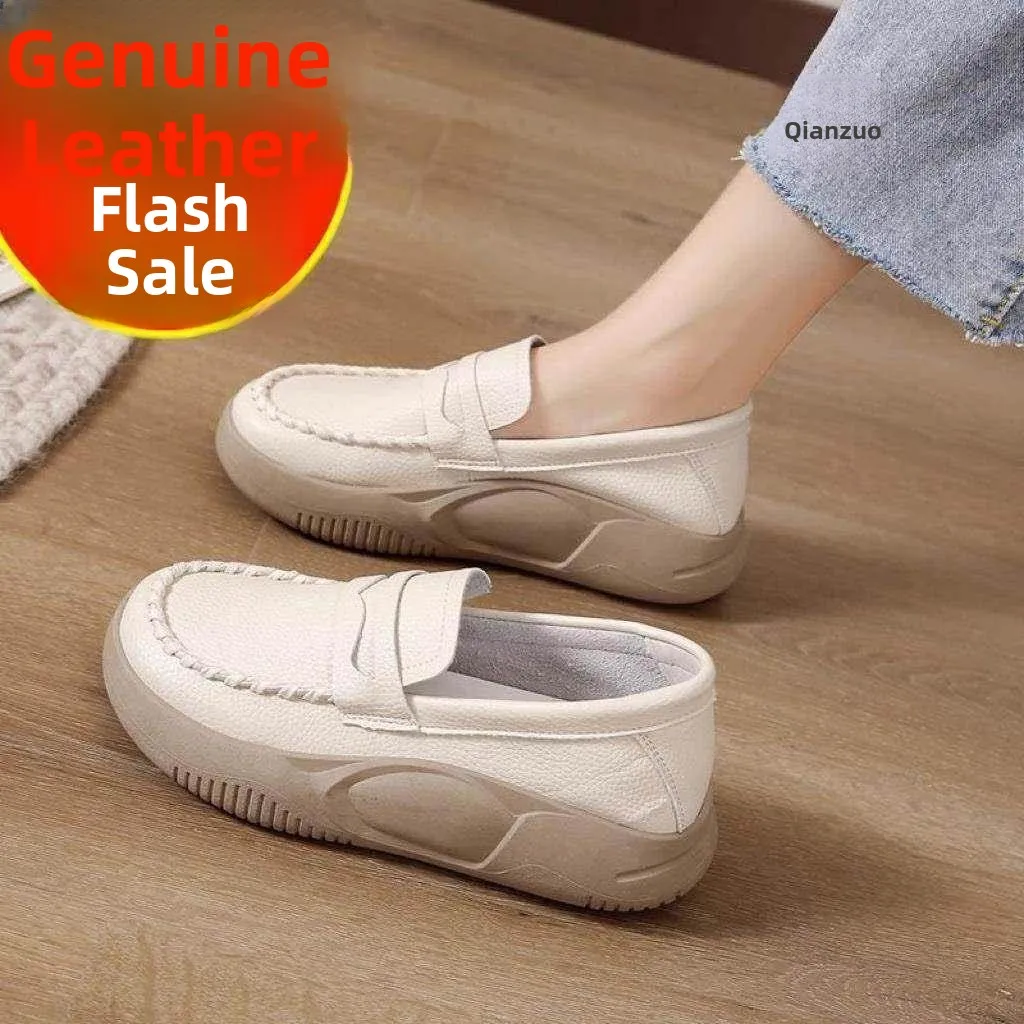 Women's Thick Bottomed Genuine Leather Single Shoes 2026 Summer Autumn New Soft Bottom Not Tired Nursing Work Shoes Outdoor Wear