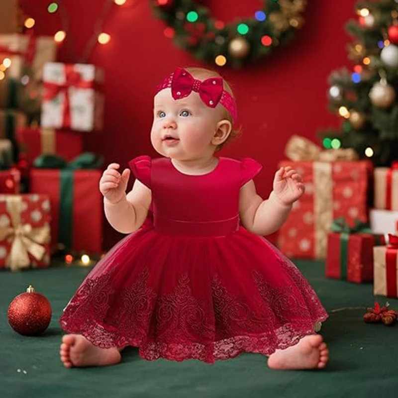 

Новогоднее платье для девочек, свадебное платье принцессы с цветочным узором, От 3 месяцев до 3 лет, платье для крещения для маленьких девочек, рождественское платье для девочек