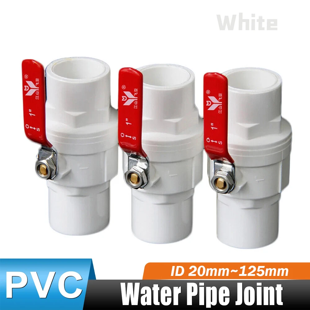 

1 шт., шаровой кран с красной ручкой из ПВХ, двухходовой скользящий концы, запорный клапан контроллера потока воды, для идентификатора 20 мм ~ 125 мм, водопроводная труба