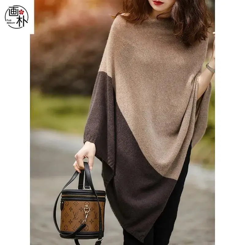 Spring and Autumn Women The Hood Semi-turtleneck Long Sleeves Color Matching Loose Knitted Outside Fashion Casual Shawl Coat