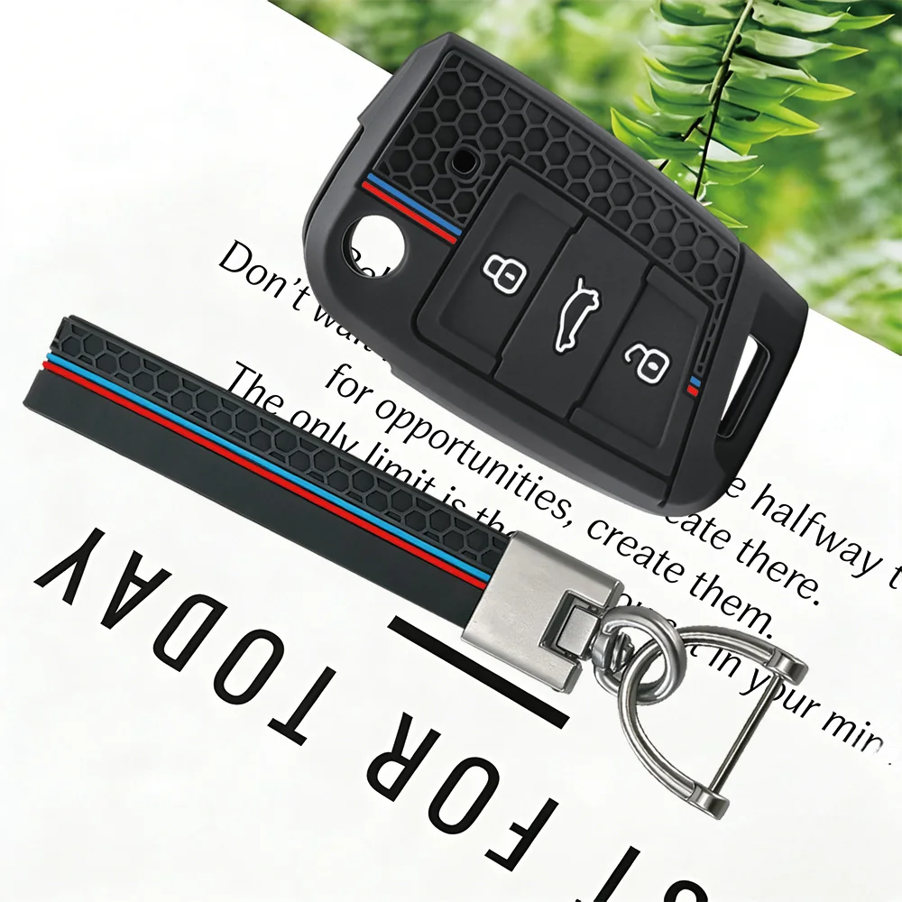 Honeycomb Red Blue Stripe Flip Key Cover With Keychain For VW Golf7 GTI POLO Tiguan Skoda Octavia Kodiaq Seat Ibiza Leon