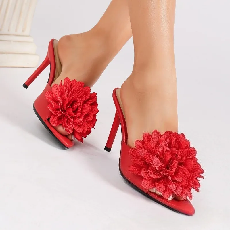 زهرة الموضة عالية الكعب النعال النساء اللمحة تو الضحلة أنيقة الشرائح فستان أحذية الصيف في الهواء الطلق عطلة الصنادل الإناث