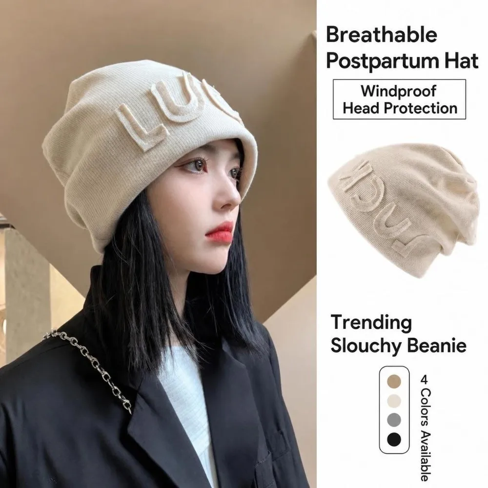 Polyester Fiber Women Beanie Hat Letter Embroidery Soft Knit Fabric Letter Knit Beanie Korean Japanese Style Pull On Hat Daily