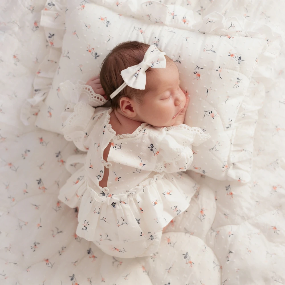 Baby Girl Floral Lace Romper Newborn Photography Outfit Bow Headband Photoshoot Props White Floral