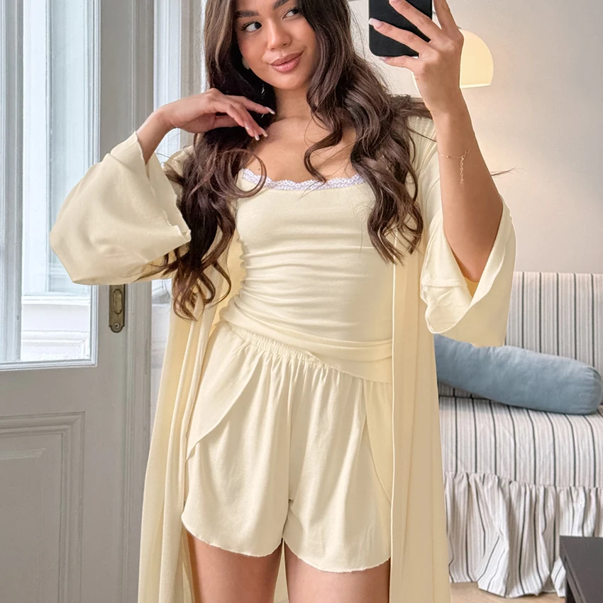 HiLoc Yellow Knitted Elastic Women'S Pajamas 3-Piece Suit Long Sleeve Lace-Up Robe Sleeveless Camisole Top Elastic Waist Shorts