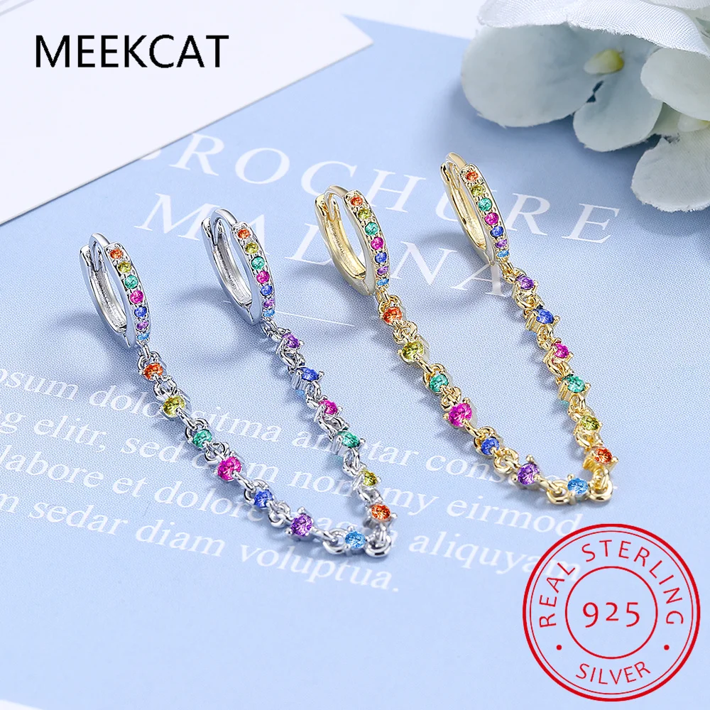 925 Sterling Silver Multicolour Zircon Double Earring Chain Small Round Circle Hoop Tassel Ear Ring Two Ear Holes Helix Piercing