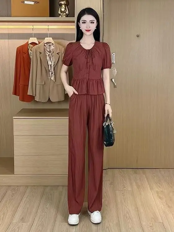 

Brand Women's Summer plus Size Korean Version V-Neck Shirt Elastic Waist Long Pants Set Tagless Short Sleeve Polyester Fiber