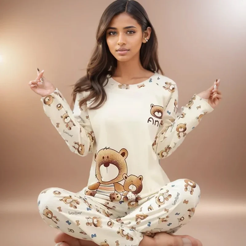 Ladies Pajamas Long Sleeved Cartoon Bear Student Casual Wear Set Easy to Wash Pullover Top and Pants Two-Piece Set Sleepwear