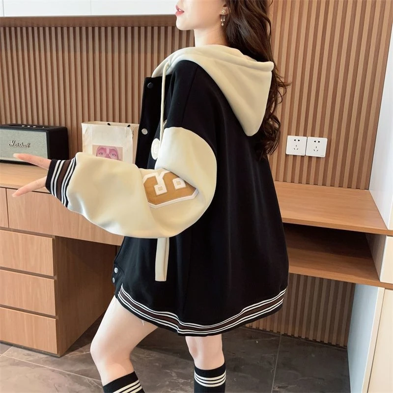​2025 Autumn Winter Women's Baseball Coat Hoodie Pure Cotton Embroidered Casual Oversized Cardigan Jacket​