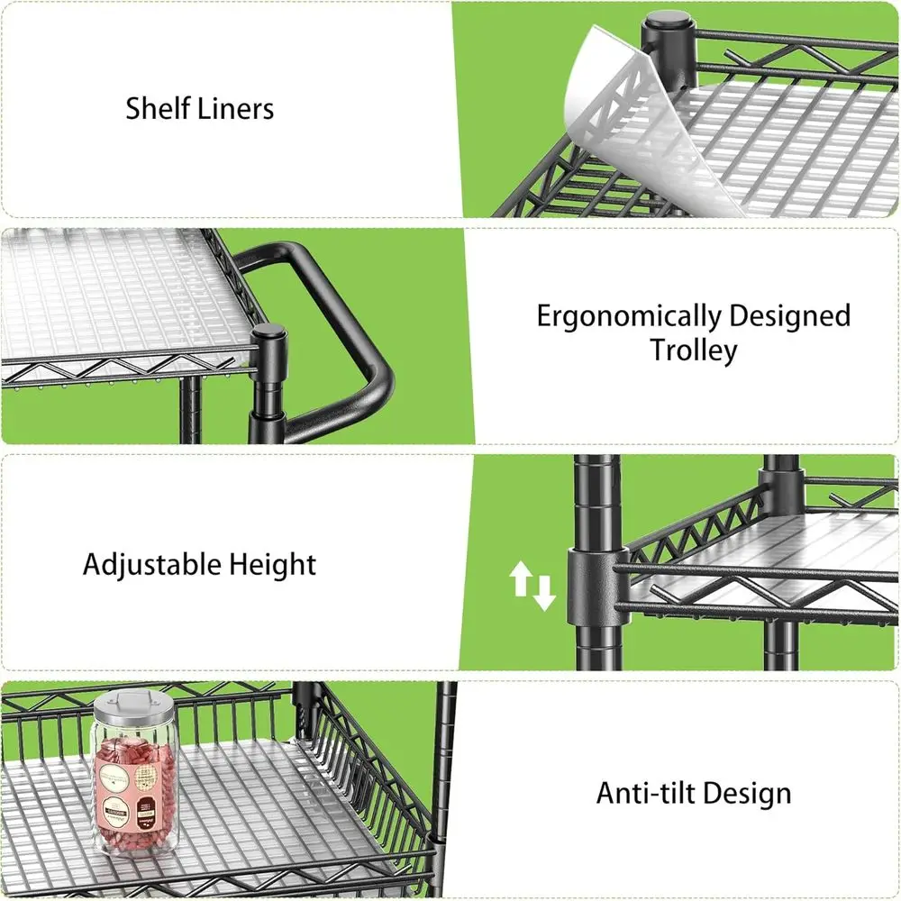 Carrinho utilitário de metal resistente de 3 camadas com rodas, capacidade de 750 libras, organizador de cozinha ajustável para uso interno e externo