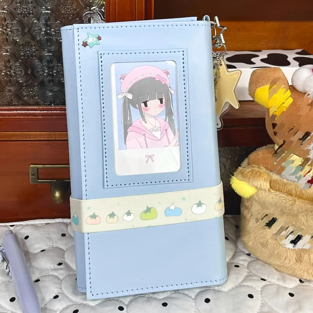 Agenda Coreana A6, Planificador de Hojas Sueltas, Azul Dulce, Piel Sintética, Plegable, con Ranuras para Tarjetas, Ventana, Recargable, Planificador Diario