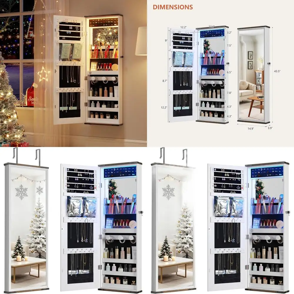 

Дзеркальный органайзер для ювелирных изделий над дверью с местом для хранения вещей, запираемым шкафом в полный рост, подвесными держателями и встроенными подсветками для Wo