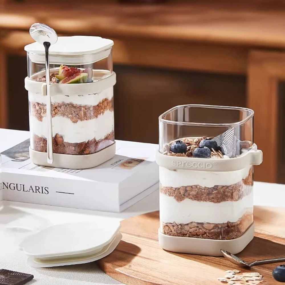 Overnight Oat Cup with Lid and Spoon Milkshake Oatmeal Fruits Yogurt Bowl Take-out Portable Glass Breakfast Dedicated Oat Cup