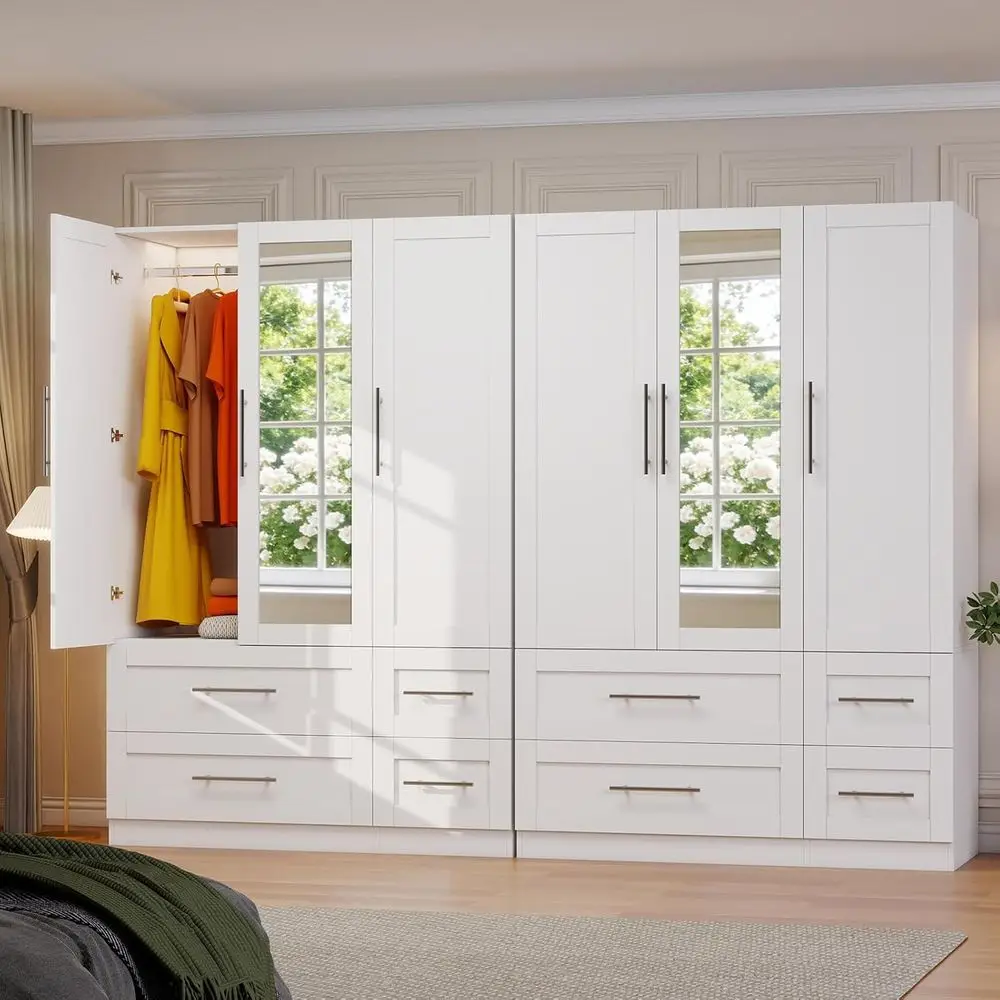 

71 White Dual Wardrobe Closets with 8 Deep Drawers, Hanging Rod, and Center Mirror