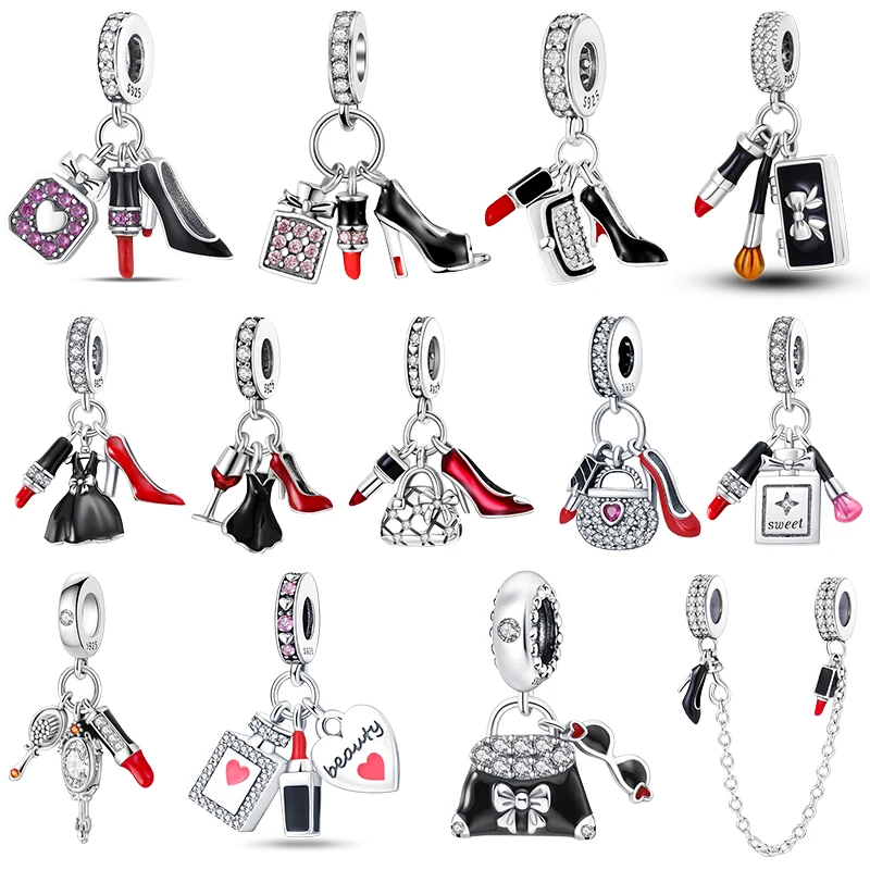 

925 Sterling Silver Fashion High Heels Lipstick dress perfume bottle Life Series Charms Beads Fit Pandora Original Bracelets diy