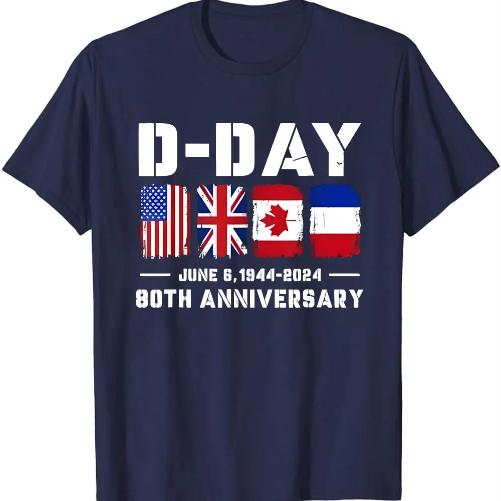 D Day Normandy Landings 80th Anniversary T Shirt 1944 2024 Unisex T-shirt Flag Print T-shirt Cotton Men Clothing Streetwear