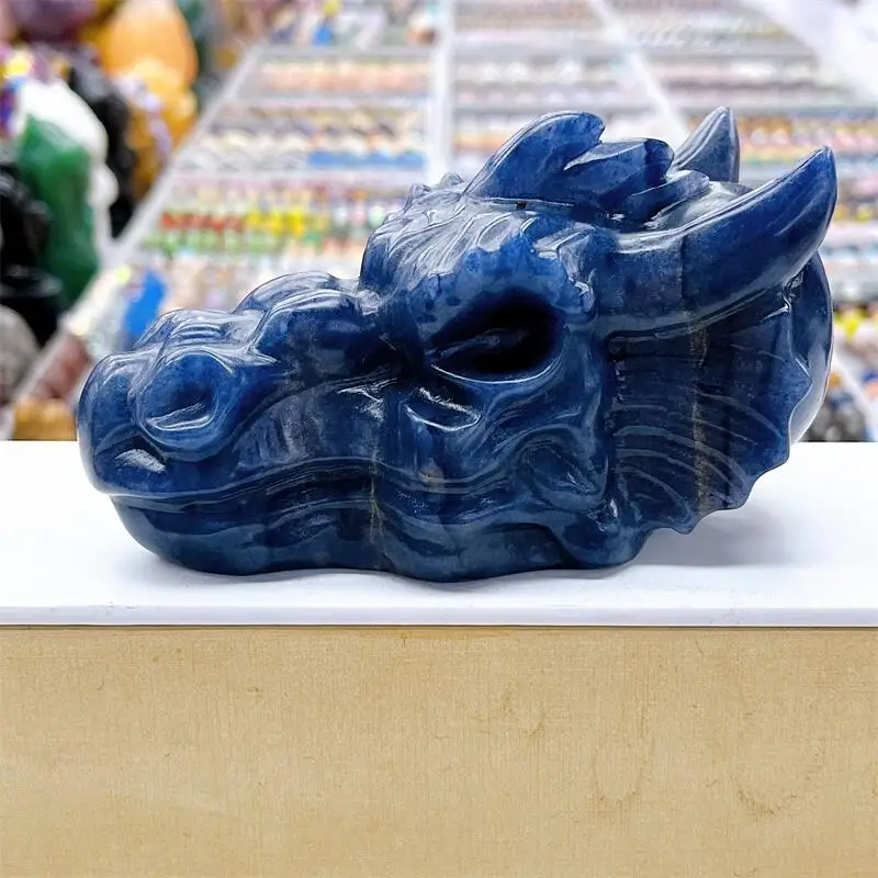 

12.5CM Natural Blue Aventurine Dragon Skull Carving Head Animal Statue Faucet For Room Decoration Holiday Gifts 1pcs