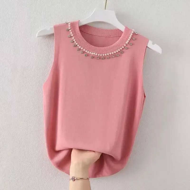 Lucyever Sommer Gestrickte Westen Für Frauen Koreanische Mode Perle Dekoration O Neck Tanks Top Frau Elastische Dünne Ärmelloses T-shirt