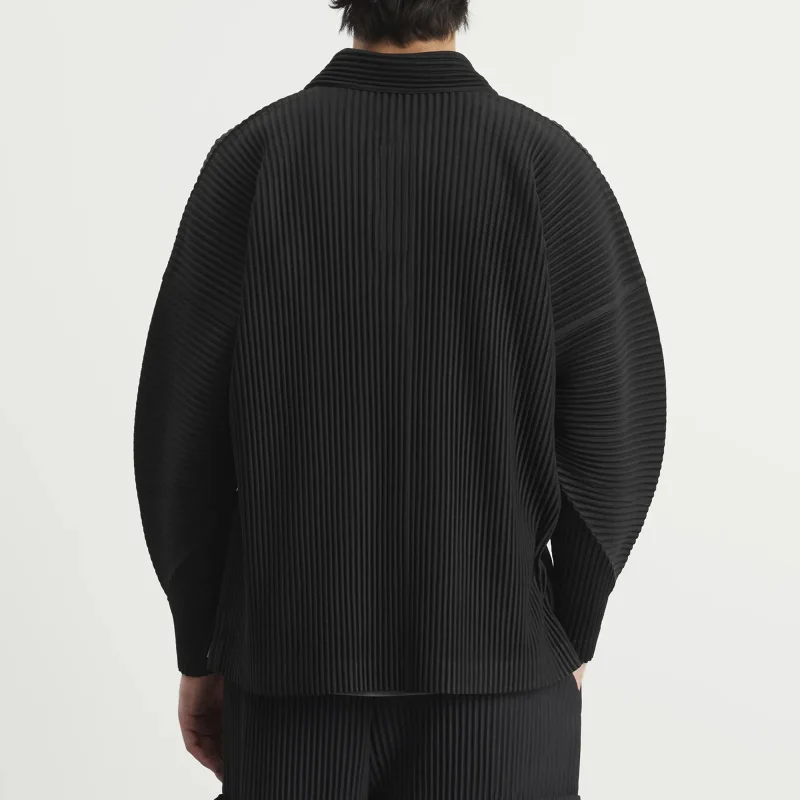 Miyake Plisse Pleated Men's Long Sleeve Polo Shirt Japanese Style Loose Fit Lapel Stretch Casual