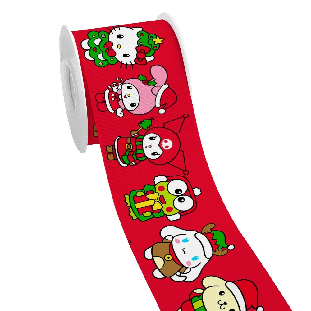 Sanrio Character Pattern Christmas Printed Grosgrain Satin Ribbon for Gift Wrapping Hair Bow Craft Accessory 50 Yards