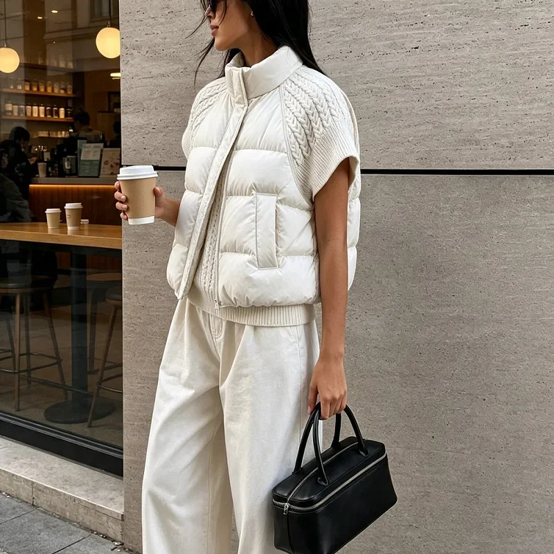 Women Knitted Splicing Padded Vest Stand Collar Sleeveless Zip Cropped Loose Layering Outerwear 2026 Ladies Warm Winter Jacket