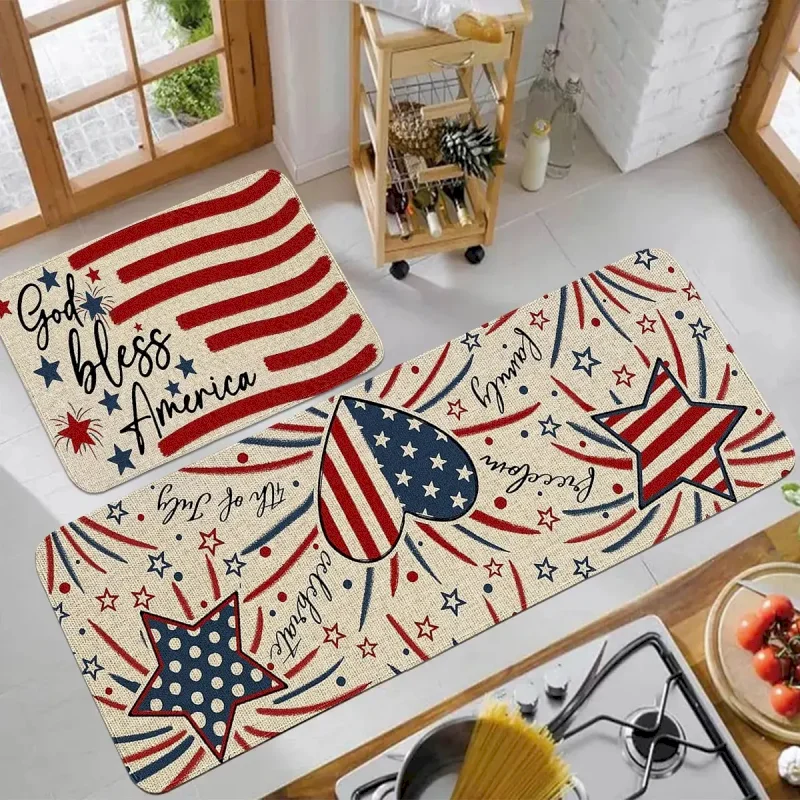 VIKAMA Flag Star Heart Kitchen Carpet Anti Slip Floor Mat Retro Patriotic Independence Day Floor Mat Home Decoration