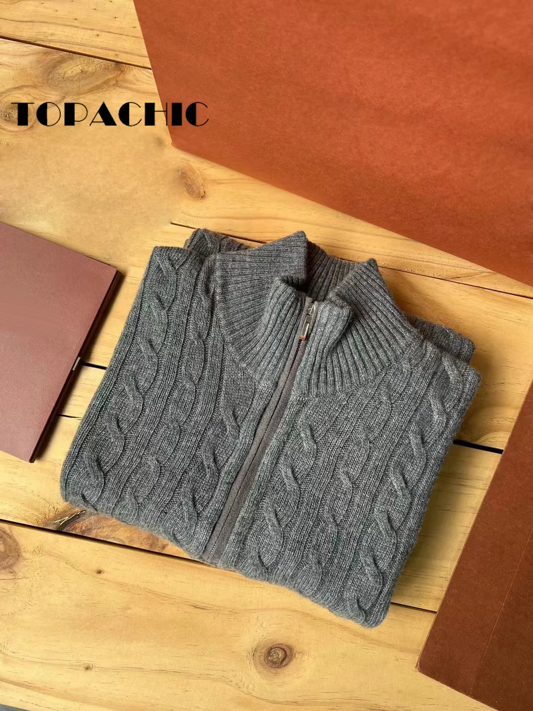 10.9 TOPACHIC Mock Neck Half Zipper Twist Knitted Cashmere Casual Pullover Men\'s Sweater