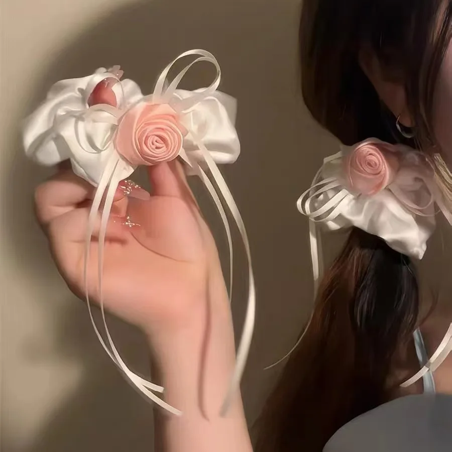 Koreanische Version neuer Trend Stoff Rose Band Haar gummis Geburtstags feier hoher Pferdes chwanz Kopfs eil Frauen elegante Haarschmuck