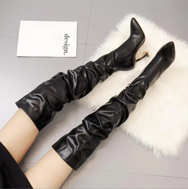 Women\'s high hee boots Leather Over The Knee Boots Fashion Black White Sexy High Heels Sexy Pointed Toe Zip Womans Shoes Large